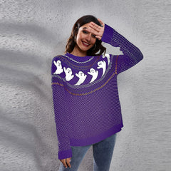 Damen-Strickpullover mit langen Ärmeln und Halloween-Geister-Retro-Punktmuster 