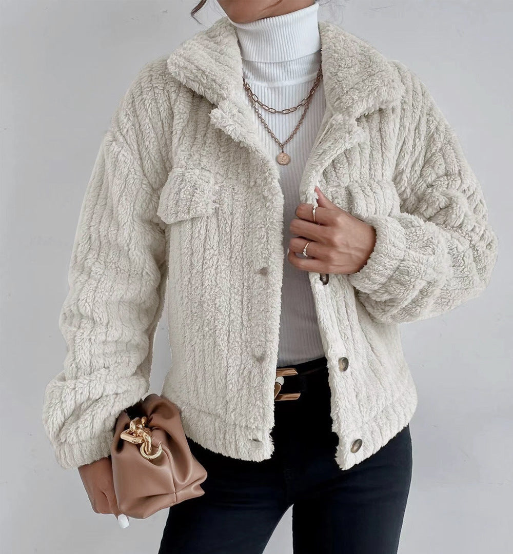 Short Jacket Lapel Winter Coat Warm Plush Fleece Casual Coat Top With Pocket