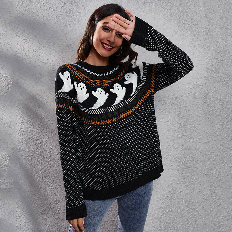 Damen-Strickpullover mit langen Ärmeln und Halloween-Geister-Retro-Punktmuster 