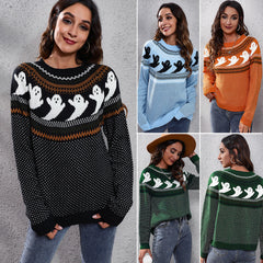 Damen-Strickpullover mit langen Ärmeln und Halloween-Geister-Retro-Punktmuster 