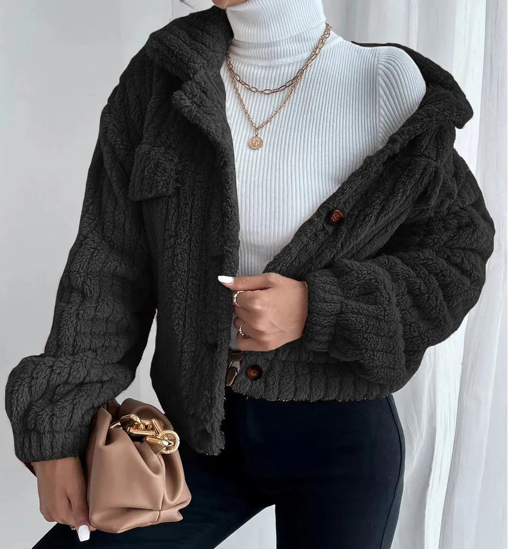 Short Jacket Lapel Winter Coat Warm Plush Fleece Casual Coat Top With Pocket