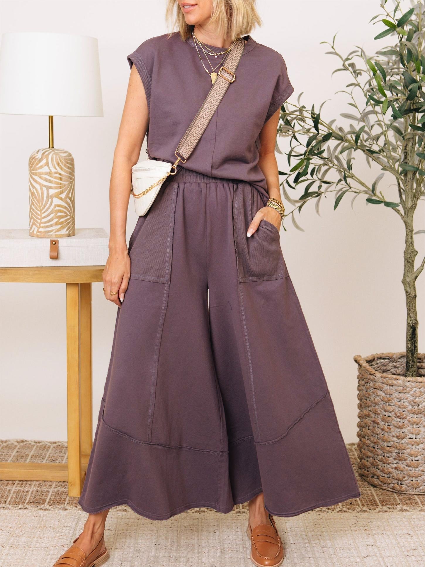 Clean Lines Top & Wide Leg Pants Set (Buy 2 Free Shipping)