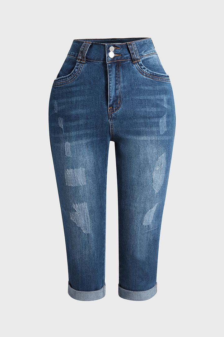 Capri-Jeans mit zerrissenem, aufgerolltem Saum