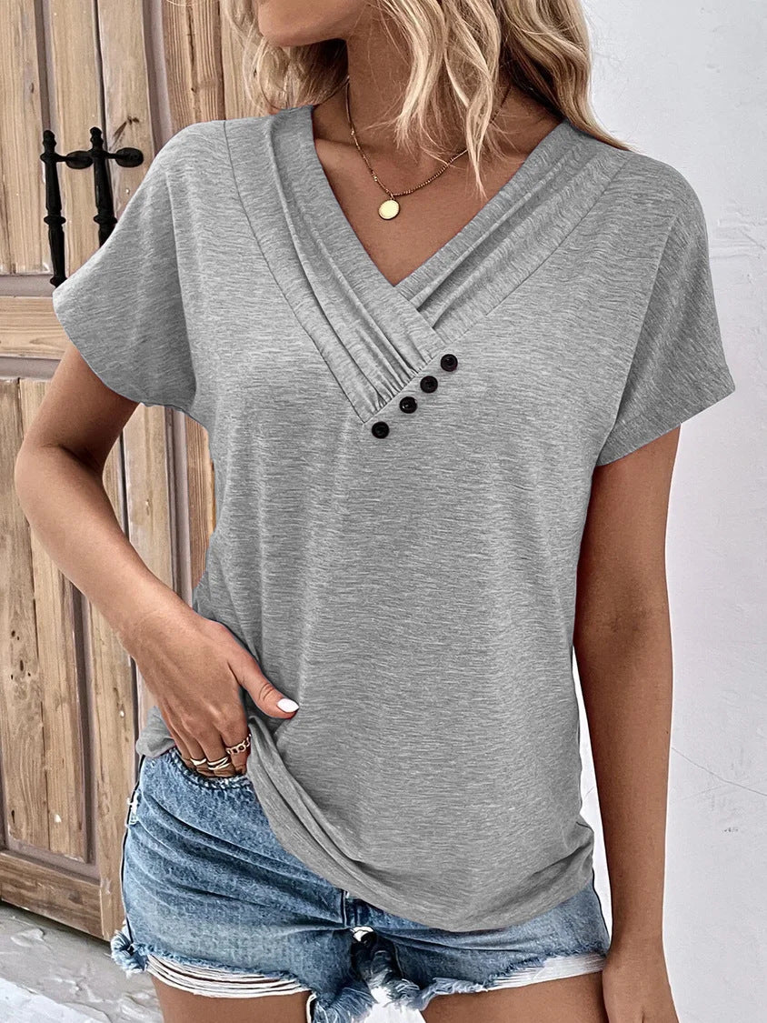 Camiseta con cuello en V y detalle de botones (compre 3 y envío gratis)