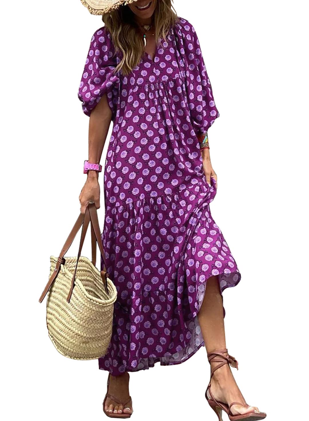 Women's Puff Sleeve Smocked Ruffle Boho Maxi Dress (Buy 2 Free Shipping)