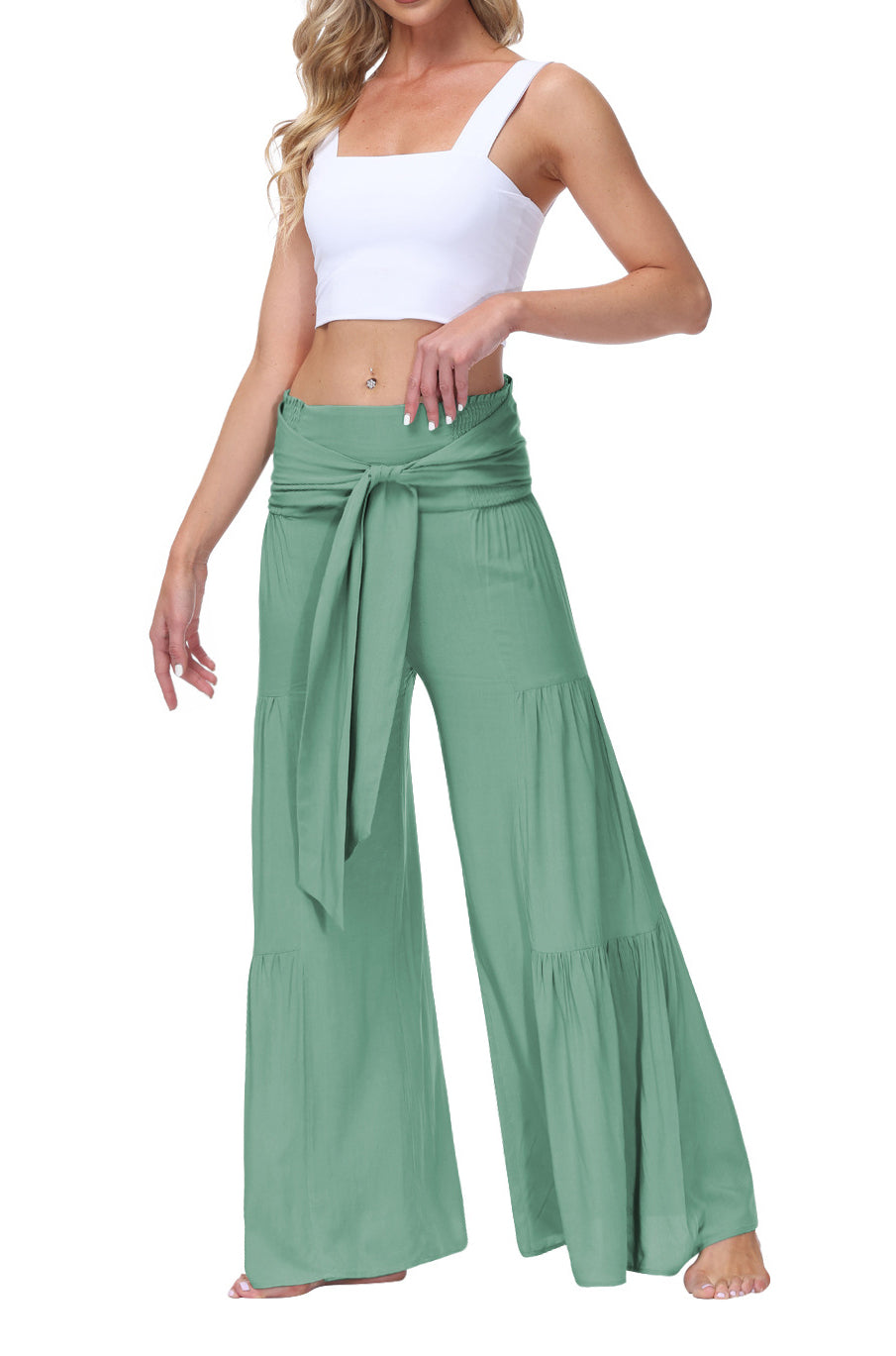 Tie Waist Tiered Wide Leg Pant