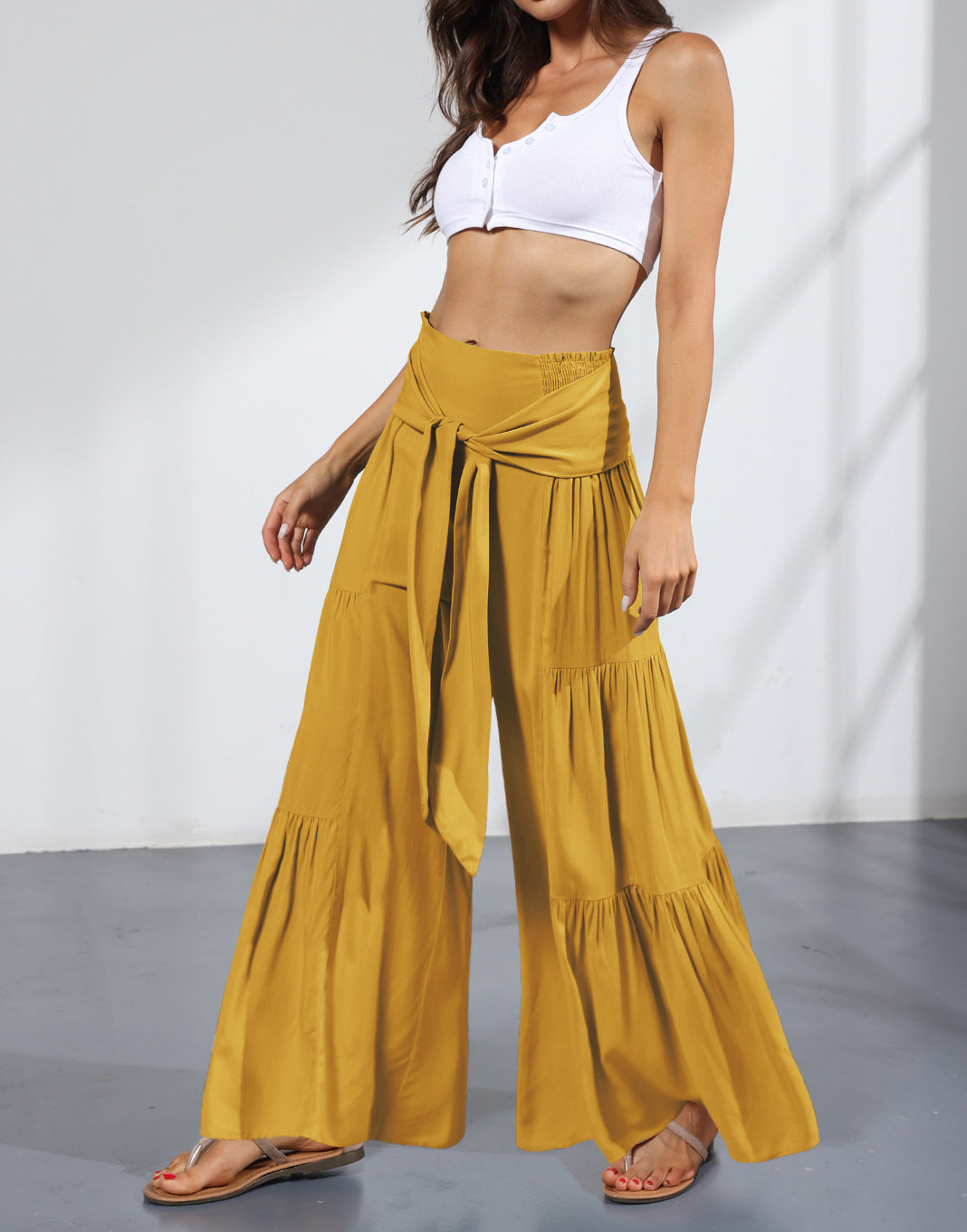 Tie Waist Tiered Wide Leg Pant