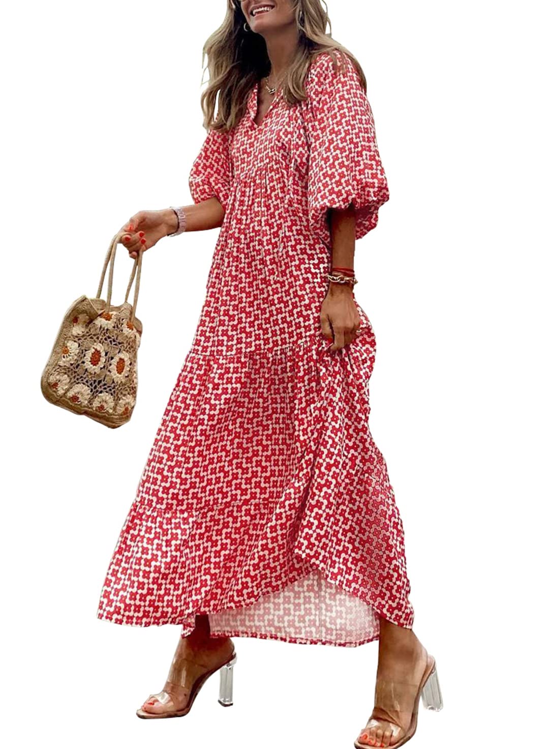 Vestido largo bohemio con estampado floral y mangas abullonadas para mujer (compre 2 y envío gratis)