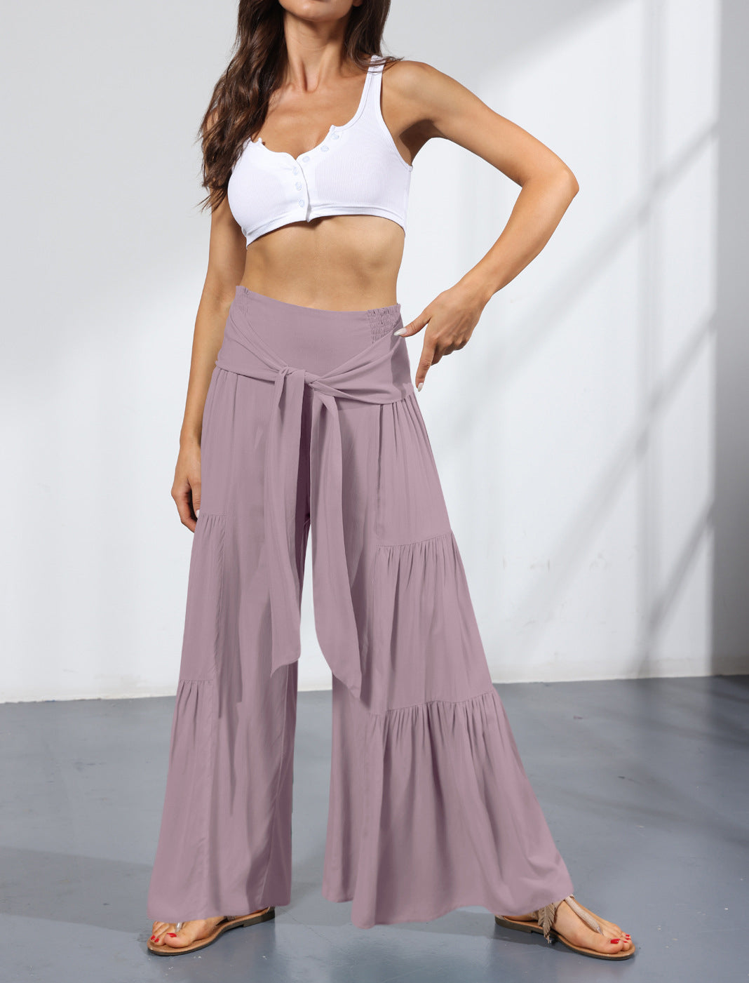 Tie Waist Tiered Wide Leg Pant