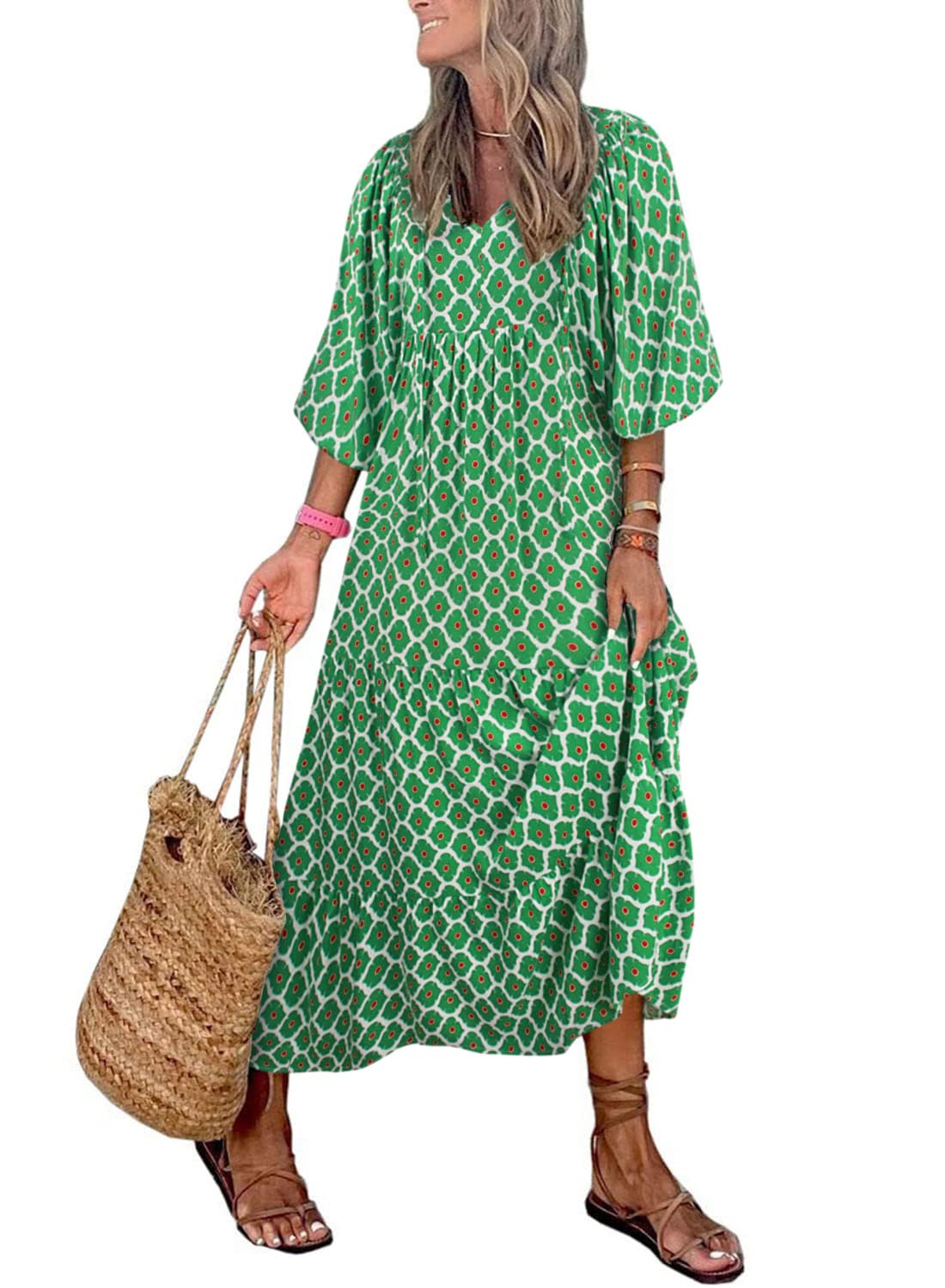 Women's Puff Sleeve Floral Boho Maxi Dress (Buy 2 Free Shipping)