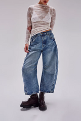 Hochelastische Mid-Rise Barrel Jeans, modische, weite Beinform (2 Stück kaufen, kostenloser Versand)