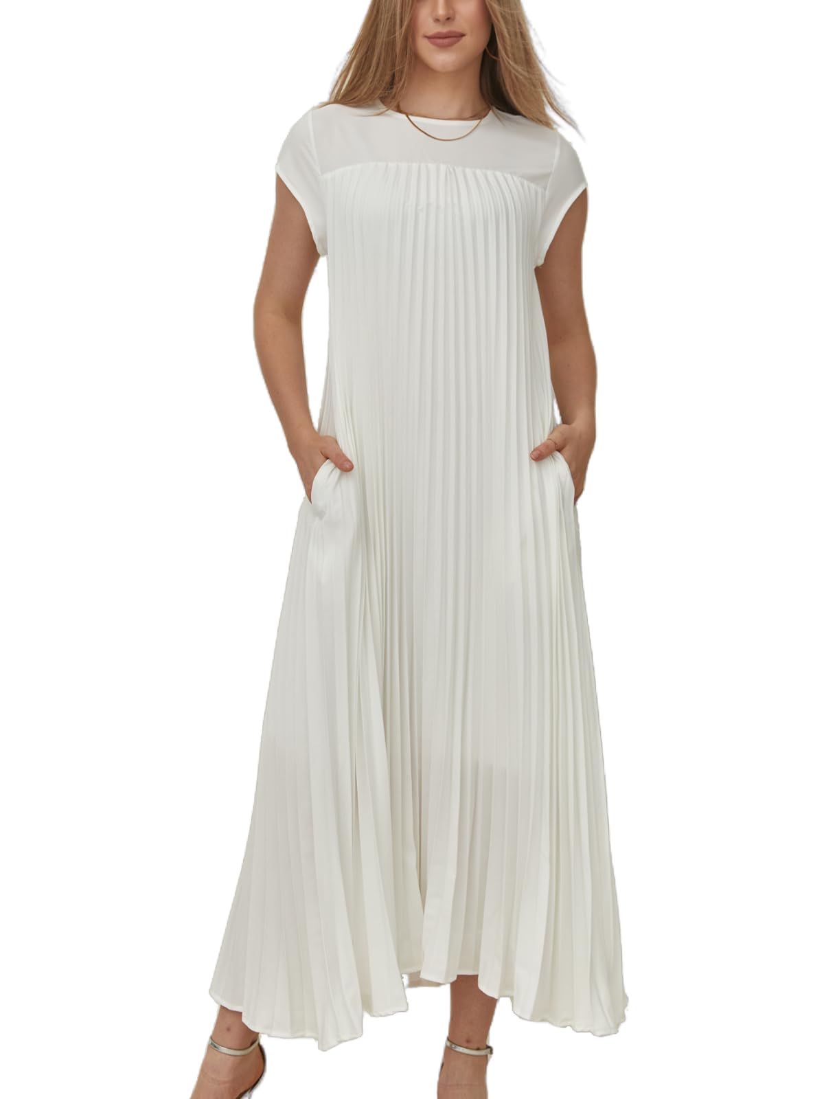 Women's Cap Sleeve Pleated Flowy Maxi Dress (Buy 2 Free Shipping)