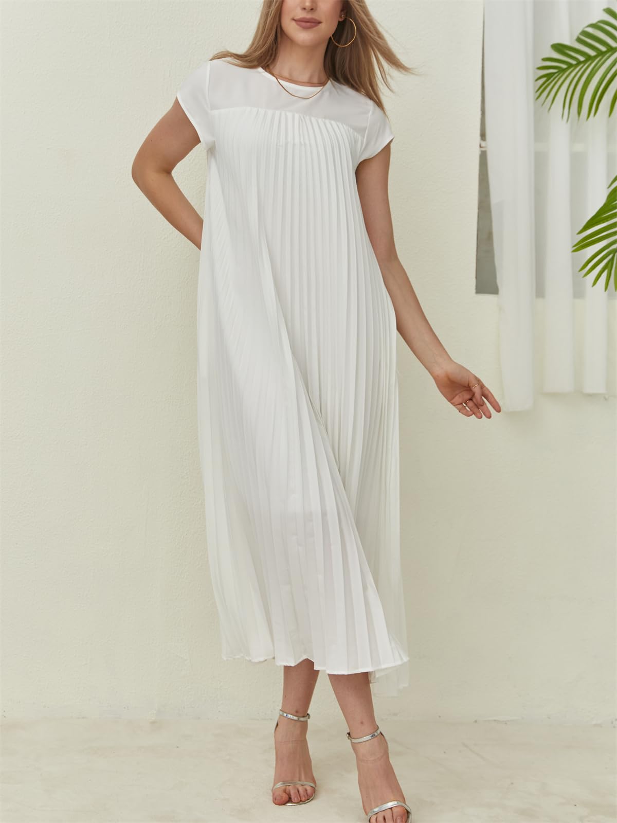 Women's Cap Sleeve Pleated Flowy Maxi Dress (Buy 2 Free Shipping)