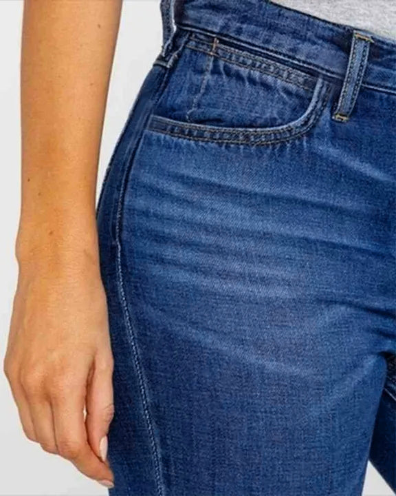 Damen-Hose mit ausgestelltem Bein und hoher Taille, aus Denim mit Knopfleiste und Stretch