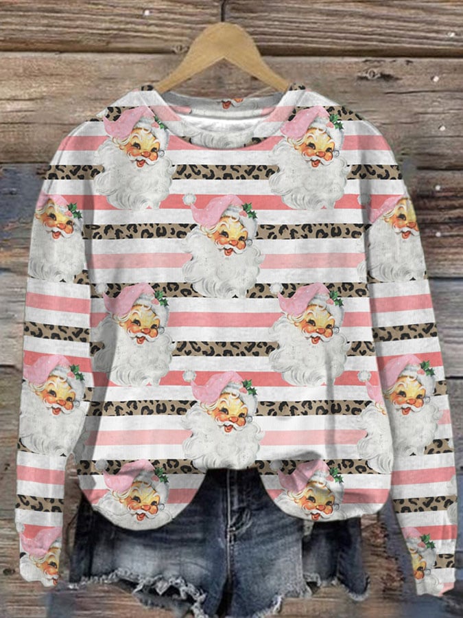 🔥Buy 3 Get 10% Off🔥Retro Pink Santa Stripe Leopard Print Sweatshirt