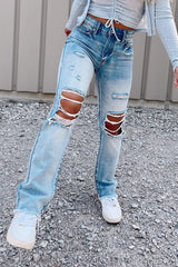 High Waist Frayed Hem Ripped Jeans