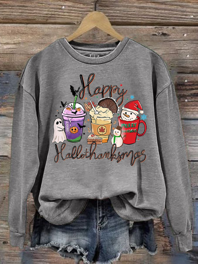 🔥Buy 3 Get 10% Off🔥Women's Happy Hallothanksmas Print Long Sleeve Sweatshirt