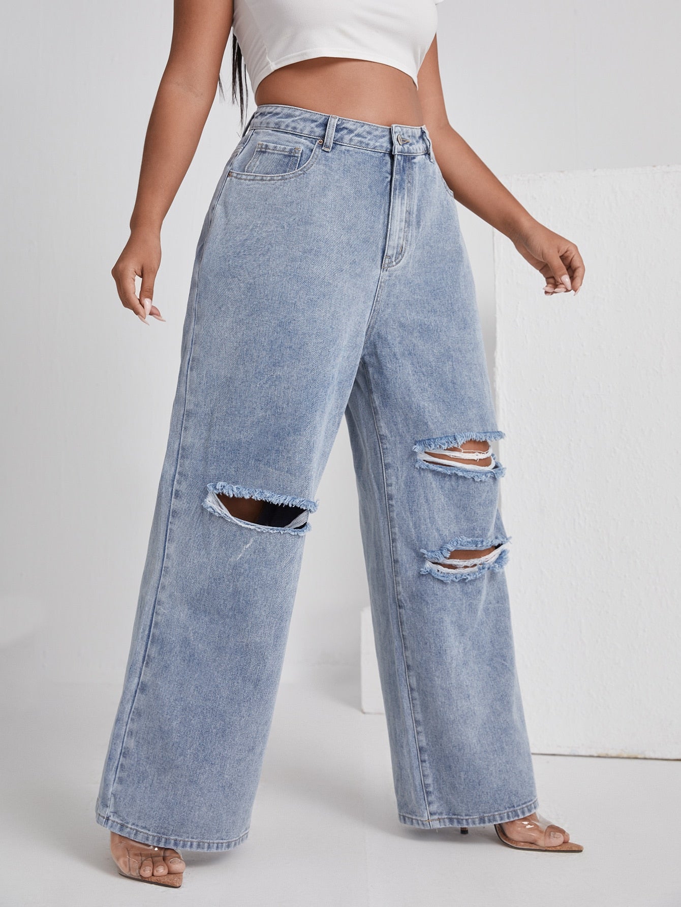 Plus Jeans mit weitem Bein und hoher Taille 