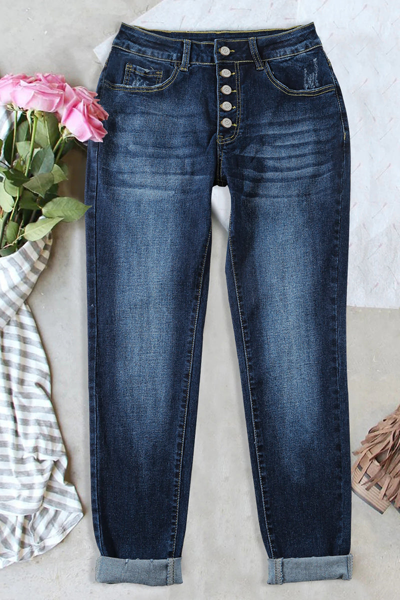 Button Up Roll Hem Straight Leg Jeans