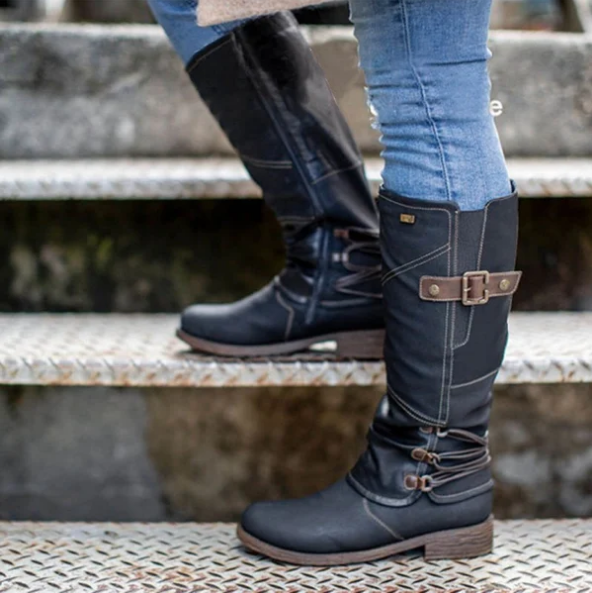 Botas de nieve altas con cremallera de cuero vintage para mujer 