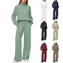 Women's Cotton Two-Piece Oversized Half-Zip Sweatshirt Wide Leg Sweatpants Casual Suit