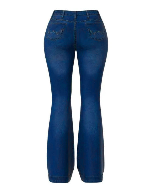 Damen-Hose mit ausgestelltem Bein und hoher Taille, aus Denim mit Knopfleiste und Stretch