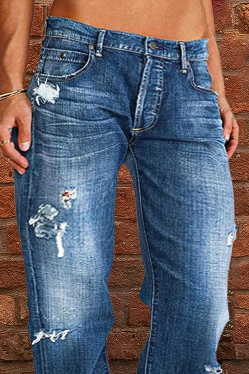 Nuevo estilo de jeans de tiro bajo con pierna recta y rotos (compre 2 y envío gratis)