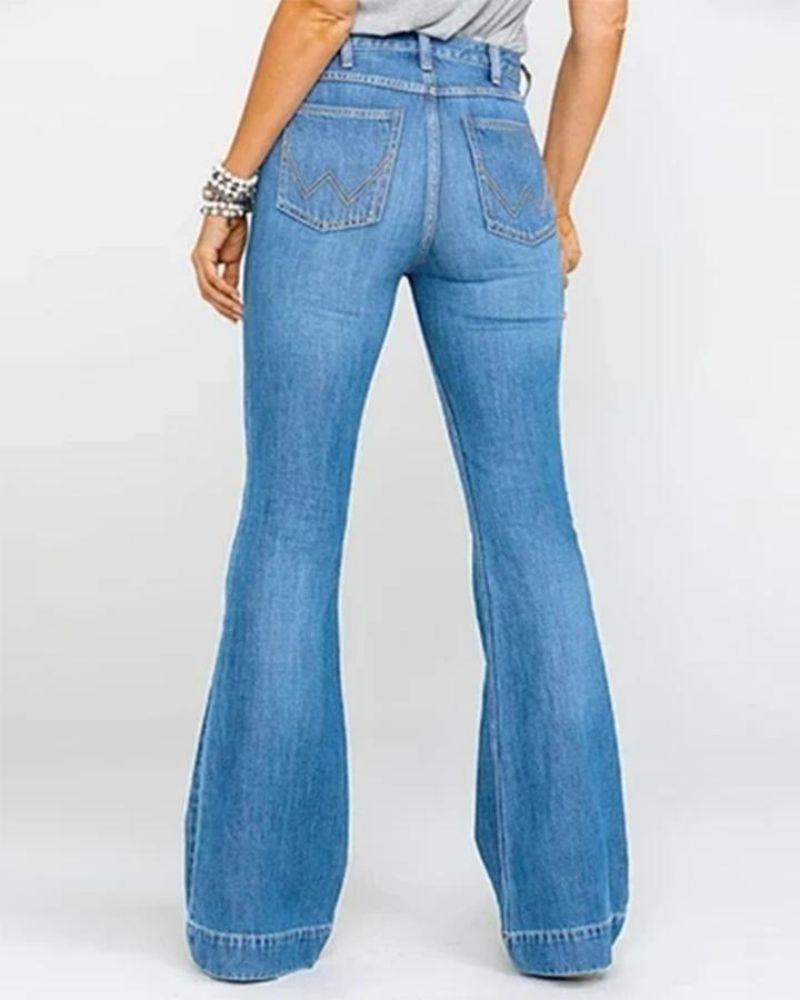 Ladies Flared High Waist Denim Button Stretch Trousers