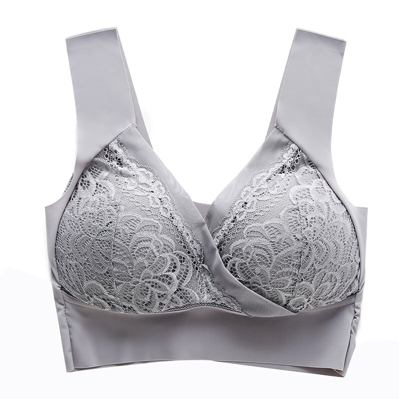 Grey - Plus Size Comfort Extra Elastic Wireless Support Lace Bra