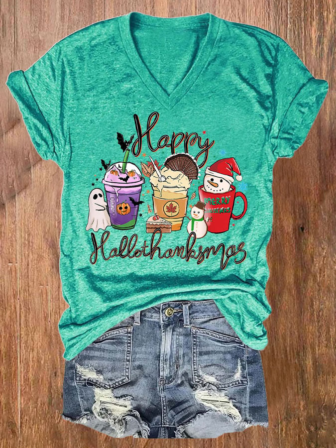 🔥Buy 3 Get 10% Off🔥Women's Happy Hallothanksmas Print T-Shirt