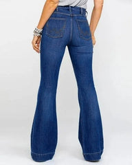 Ladies Flared High Waist Denim Button Stretch Trousers