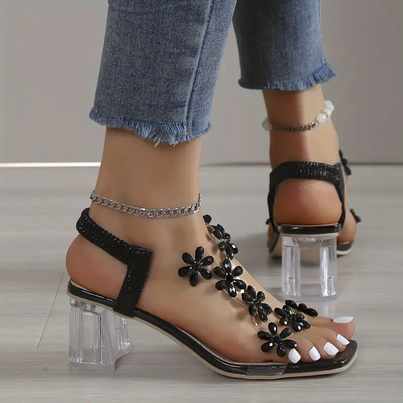 🔥Letzte Tagesaktion: 50 % RABATT - Damensandalen mit Blockabsatz und Blumen-Strass 