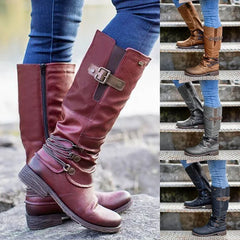 Botas de nieve altas con cremallera de cuero vintage para mujer 