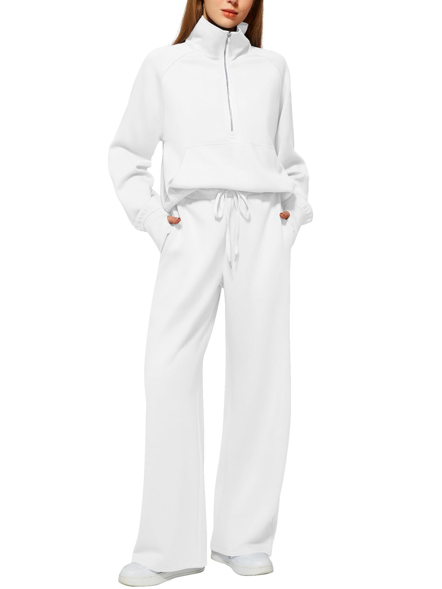 Women's Cotton Two-Piece Oversized Half-Zip Sweatshirt Wide Leg Sweatpants Casual Suit