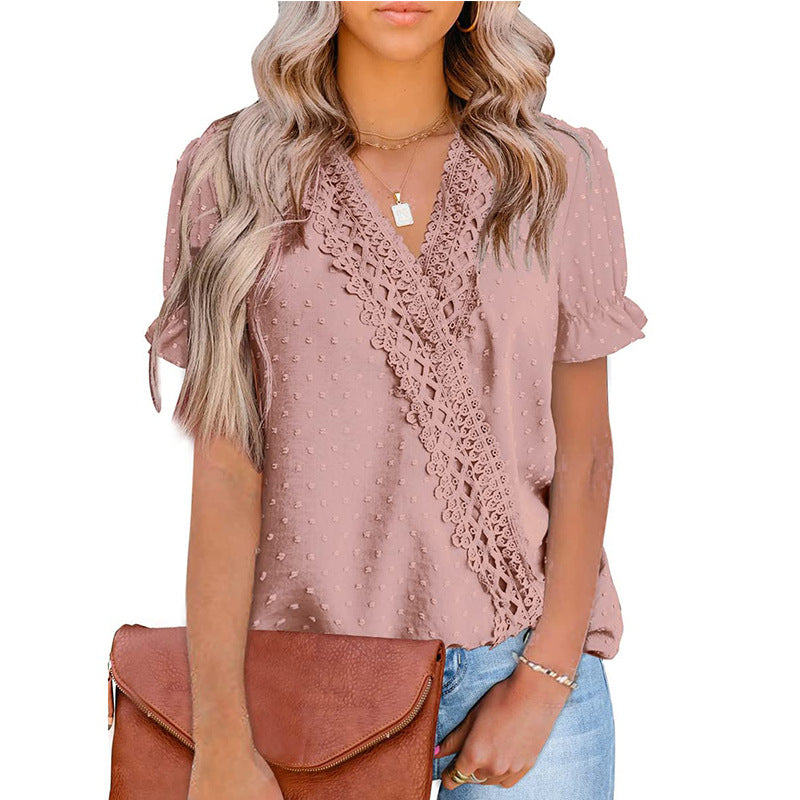 Chiffon Ball Lace V-Neck Short Sleeve Shirt