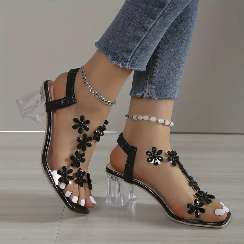 🔥Letzte Tagesaktion: 50 % RABATT - Damensandalen mit Blockabsatz und Blumen-Strass 