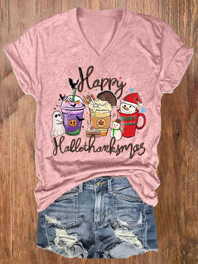 🔥Buy 3 Get 10% Off🔥Women's Happy Hallothanksmas Print T-Shirt