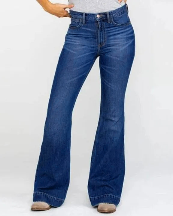 Damen-Hose mit ausgestelltem Bein und hoher Taille, aus Denim mit Knopfleiste und Stretch