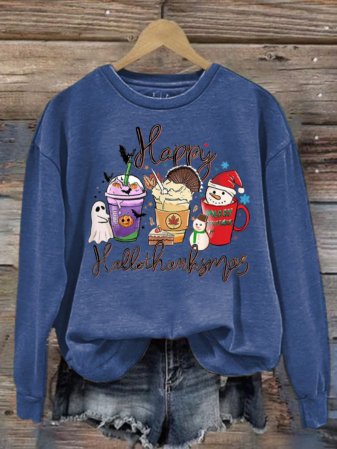 🔥Buy 3 Get 10% Off🔥Women's Happy Hallothanksmas Print Long Sleeve Sweatshirt