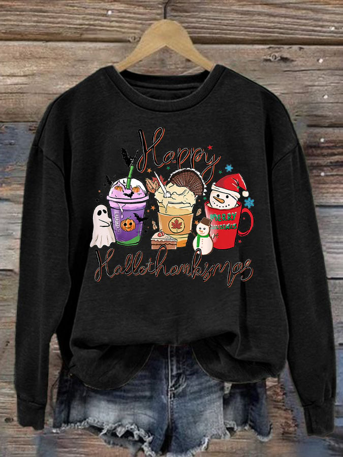 🔥Buy 3 Get 10% Off🔥Women's Happy Hallothanksmas Print Long Sleeve Sweatshirt