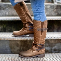 Botas de nieve altas con cremallera de cuero vintage para mujer 