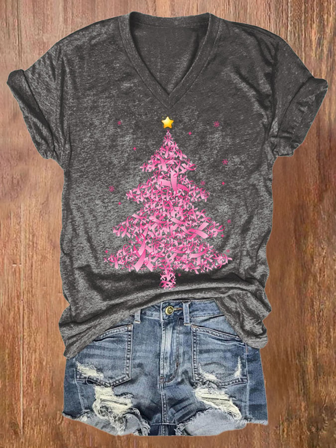 🔥Compra 3 y obtén un 10 % de descuento🔥Camiseta con cuello en V retro con estampado de lazos de árbol de Navidad rosa para concienciar sobre el cáncer de mama 