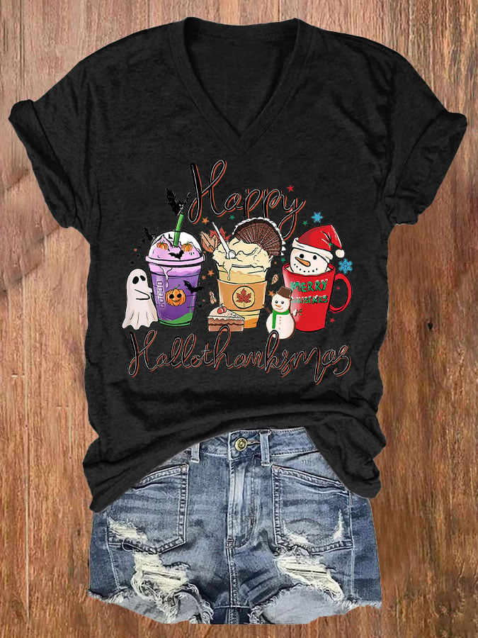 🔥Buy 3 Get 10% Off🔥Women's Happy Hallothanksmas Print T-Shirt