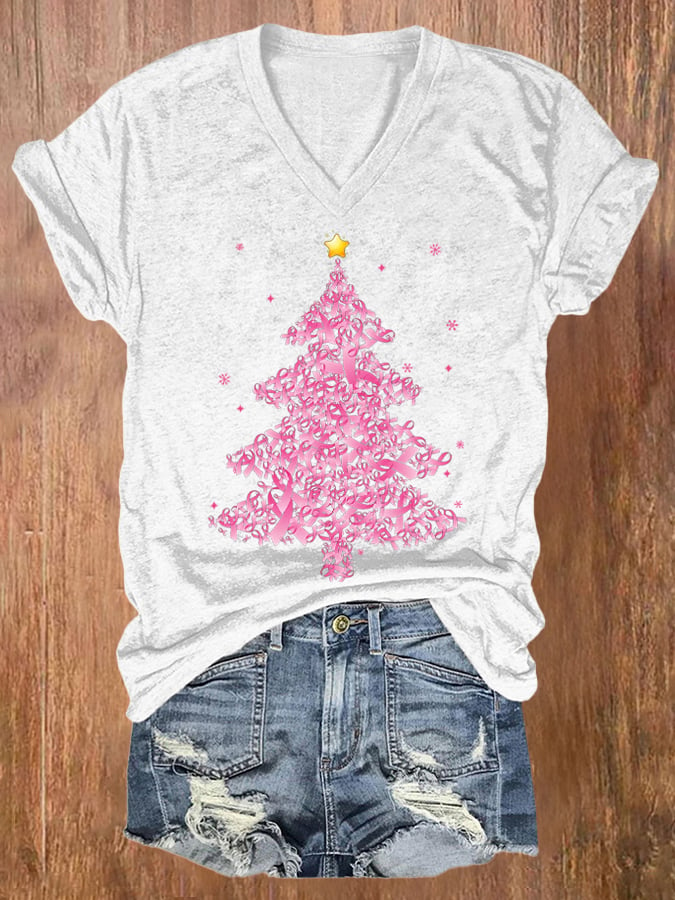 🔥Buy 3 Get 10% Off🔥V-neck Retro Breast Cancer Awareness Pink Christmas Tree Ribbons Print T-Shirt