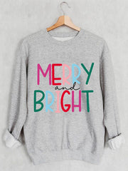 🔥Kaufen Sie 3 und erhalten Sie 10 % Rabatt🔥Lässiges Sweatshirt mit rosa „Merry And Bright Holiday“-Print 