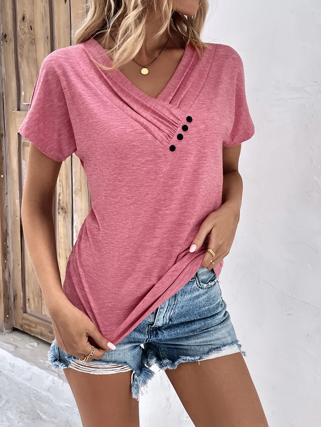 Button Detail V Neck Tee (Buy 3 Free Shipping)