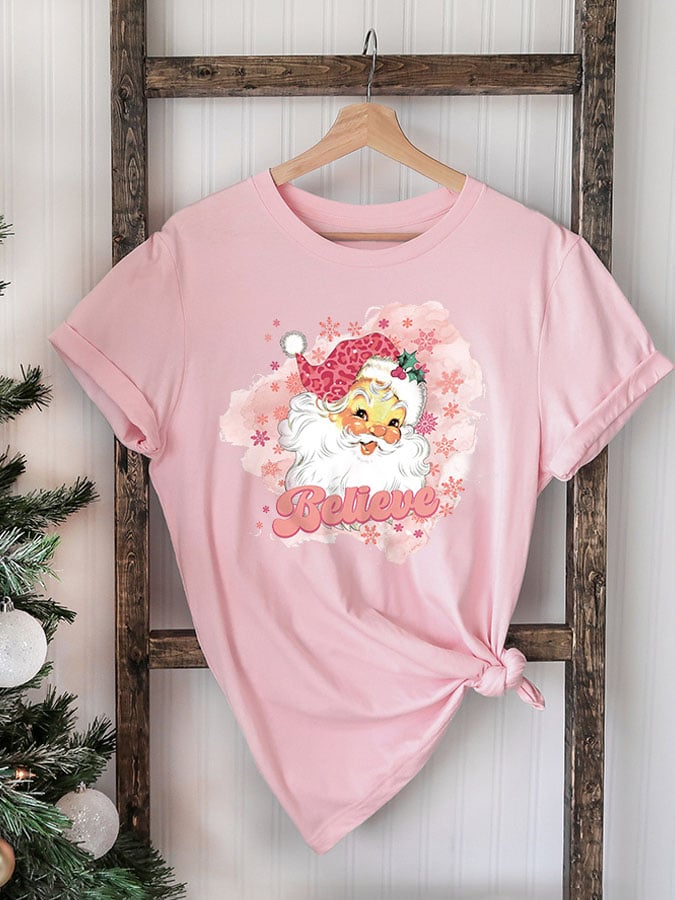 🔥Buy 3 Get 10% Off🔥Pink Santa Believe Print T-Shirt