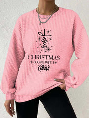 🔥Kaufen Sie 3 und erhalten Sie 10 % Rabatt🔥Damen-Sweatshirt mit Waffelmuster und „Christmas Begins With Jesus“-Aufdruck 