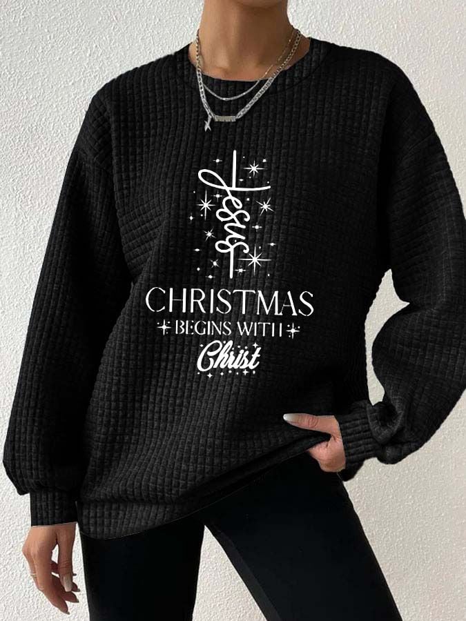 🔥Kaufen Sie 3 und erhalten Sie 10 % Rabatt🔥Damen-Sweatshirt mit Waffelmuster und „Christmas Begins With Jesus“-Aufdruck 