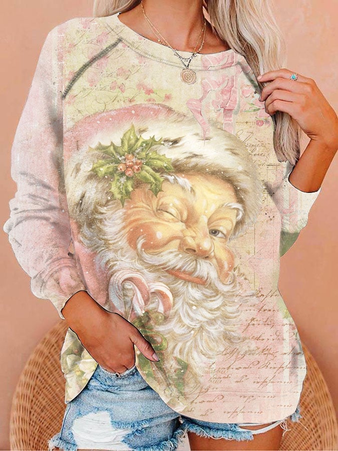 🔥Compra 3 y obtén un 10 % de descuento🔥Sudadera con estampado vintage de Papá Noel rosa para mujer 